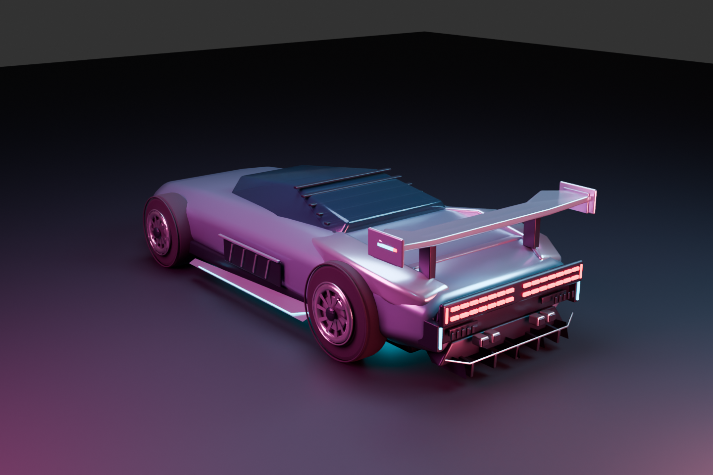 Blender render showing articulated rear lamps, machined wheels, side channels and refined wing